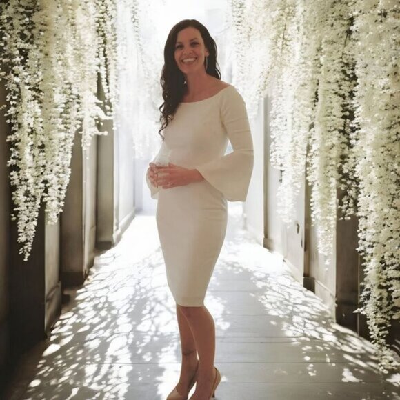 Lulus ✦ “All She Wants” White Off-Shoulder Bodycon Midi Dress ✦ Bell Sleeves S - Picture 15 of 16